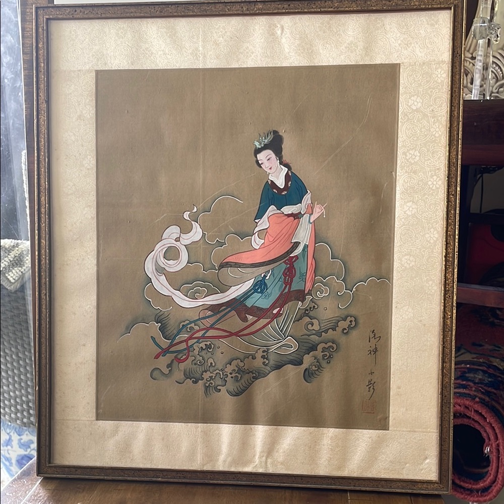 Framed Asian Art Print with Elegant Woman. Vintage Art on silk.